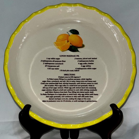 Country Harvest Kitchen Vintage Ceramic Lemon Meringue Pie Deep Dish Plate W Printed Recipe